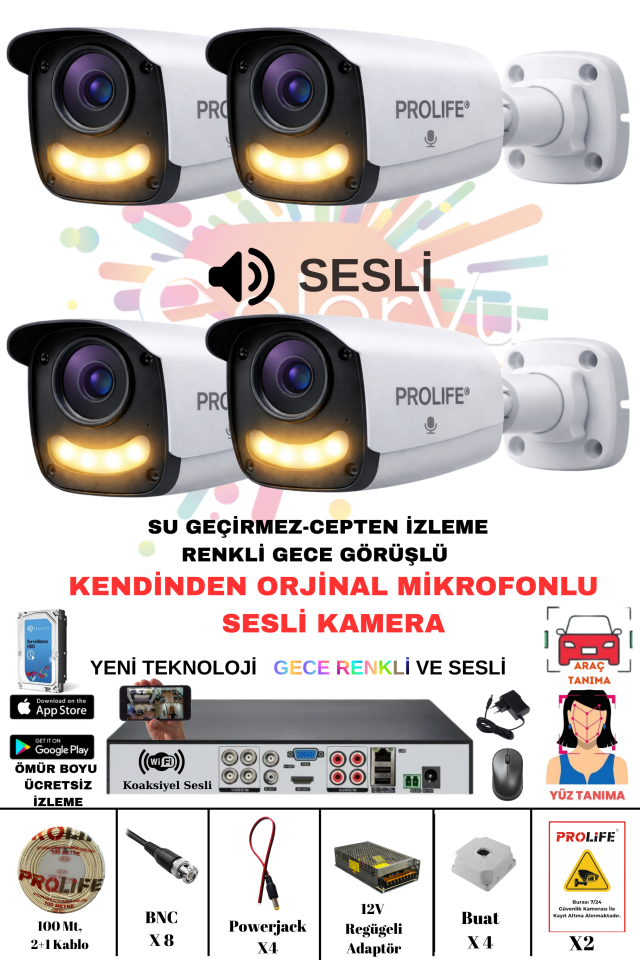 4 Lü Sesli Güvenlik Kamerası 5 Mp Gece Renkli Yüz Ve Araç Tanımalı Full Hd Kamera Sistemi