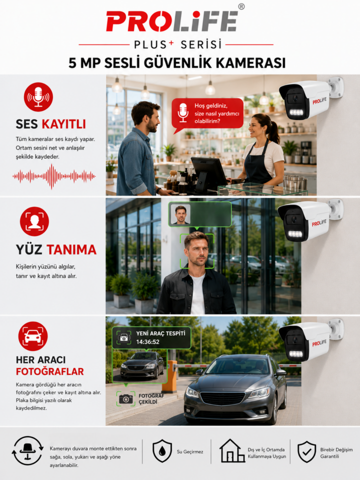 5 Li Sesli Güvenlik Kamerası 5 Mp Gece Renkli Yüz Ve Araç Tanımalı Full Hd Kamera Sistemi