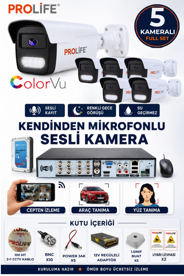 5 Li Sesli Güvenlik Kamerası 5 Mp Gece Renkli Yüz Ve Araç Tanımalı Full Hd Kamera Sistemi