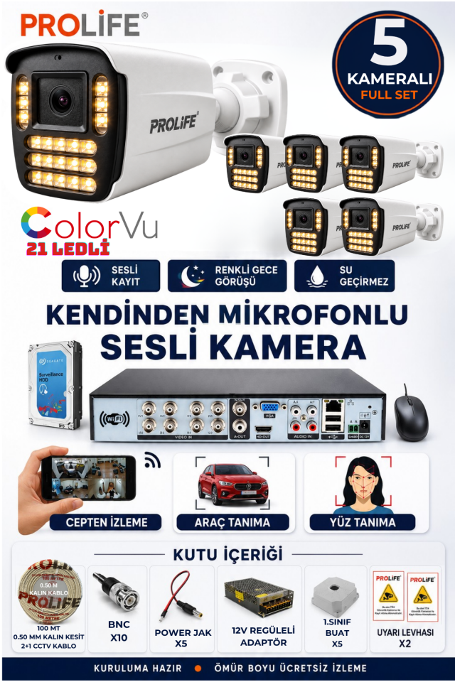5 Li Sesli Güvenlik Kamerası 5 Mp Gece Renkli Yüz Ve Araç Tanımalı Full Hd Kamera Sistemi