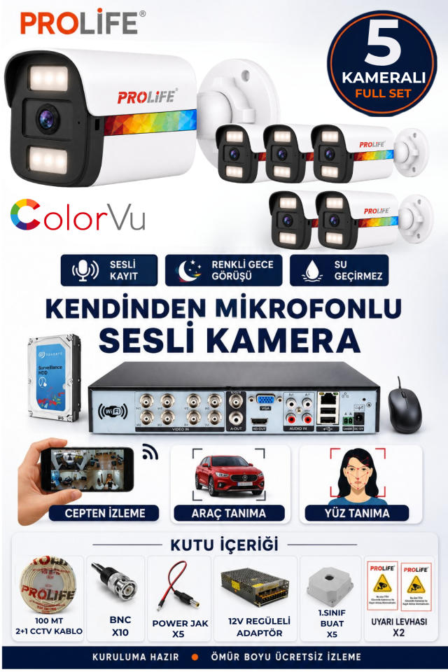 5 Li Sesli Güvenlik Kamerası 5 Mp Gece Renkli Yüz Ve Araç Tanımalı Full Hd Kamera Sistemi