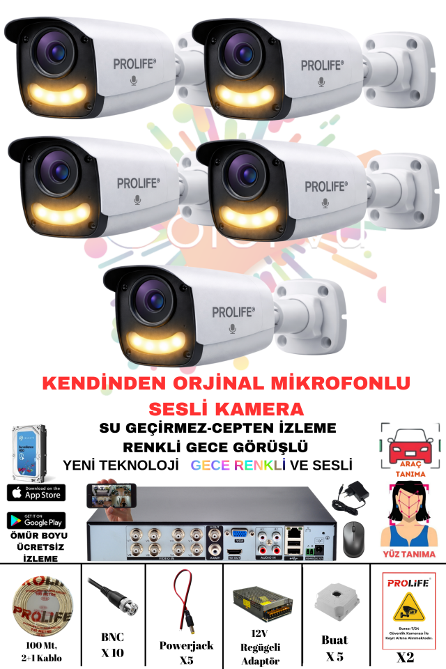 5 Li Sesli Güvenlik Kamerası 5 Mp Gece Renkli Yüz Ve Araç Tanımalı Full Hd Kamera Sistemi