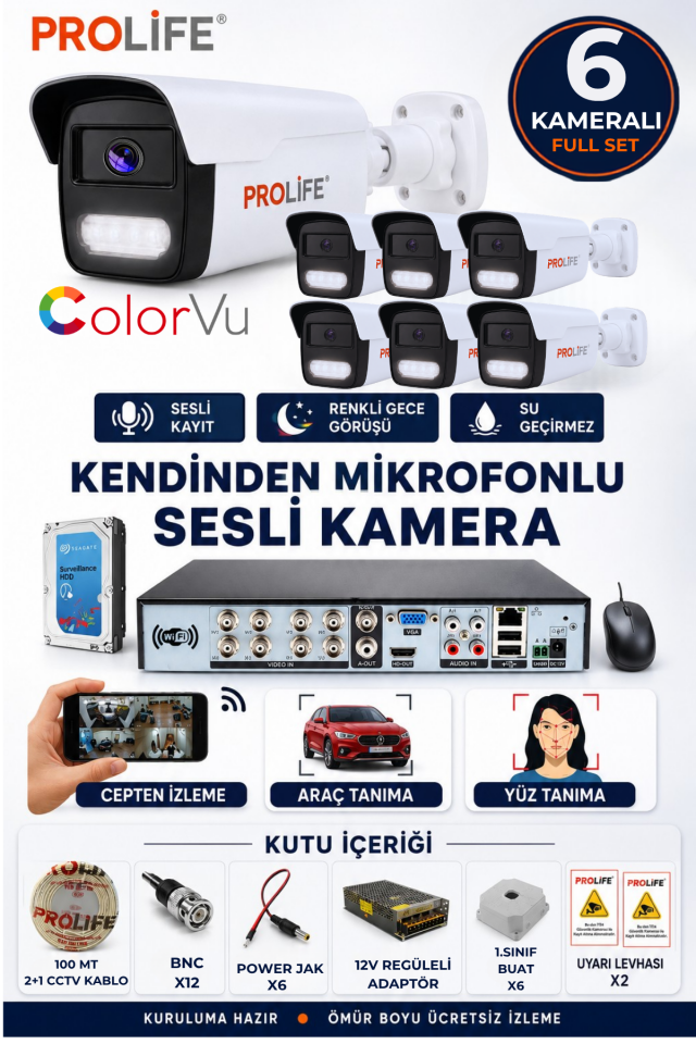 6 LI Sesli Güvenlik Kamerası 5 Mp Gece Renkli Yüz Ve Araç Tanımalı Full Hd Kamera Sistemi