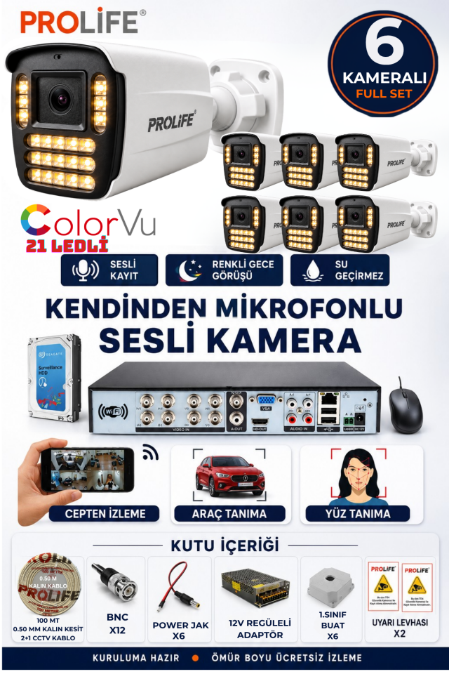 6 LI Sesli Güvenlik Kamerası 5 Mp Gece Renkli Yüz Ve Araç Tanımalı Full Hd Kamera Sistemi