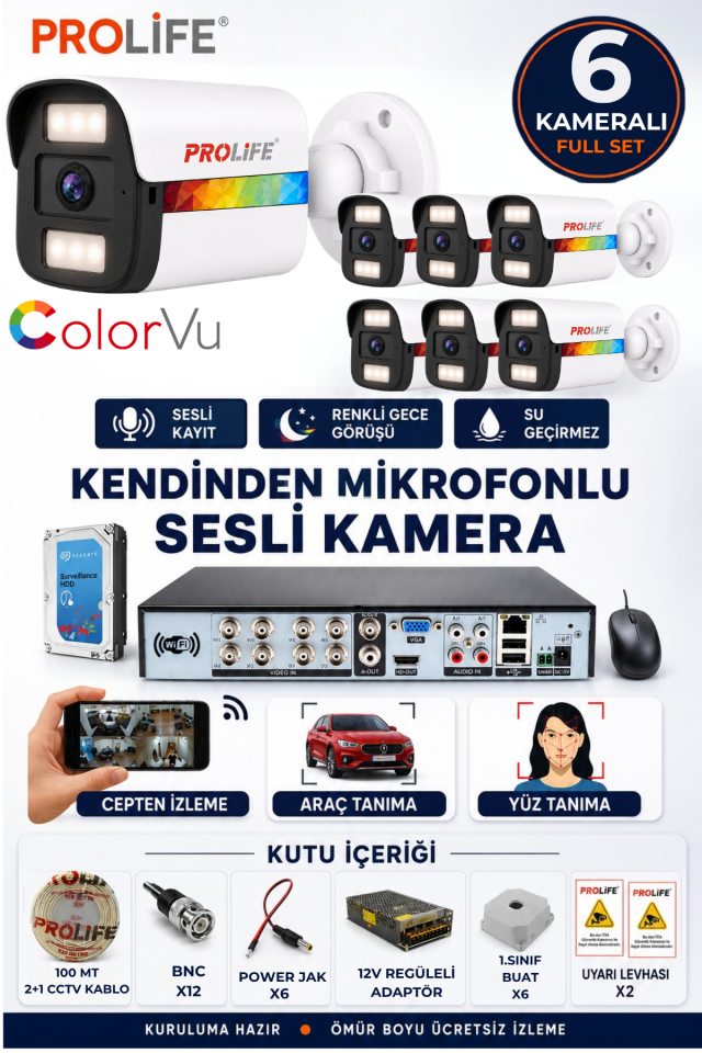 6 LI Sesli Güvenlik Kamerası 5 Mp Gece Renkli Yüz Ve Araç Tanımalı Full Hd Kamera Sistemi