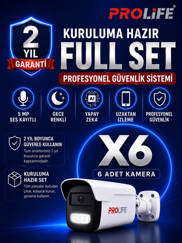 6 LI Sesli Güvenlik Kamerası 5 Mp Gece Renkli Yüz Ve Araç Tanımalı Full Hd Kamera Sistemi