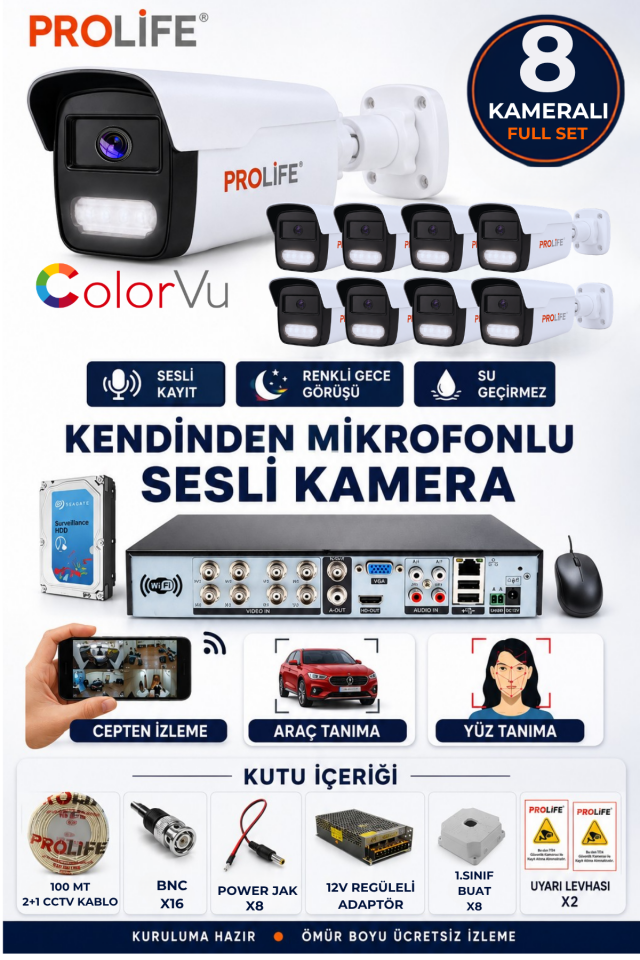 8 Li Sesli Güvenlik Kamerası 5 Mp Gece Renkli Yüz Ve Araç Tanımalı Full Hd Kamera Sistemi