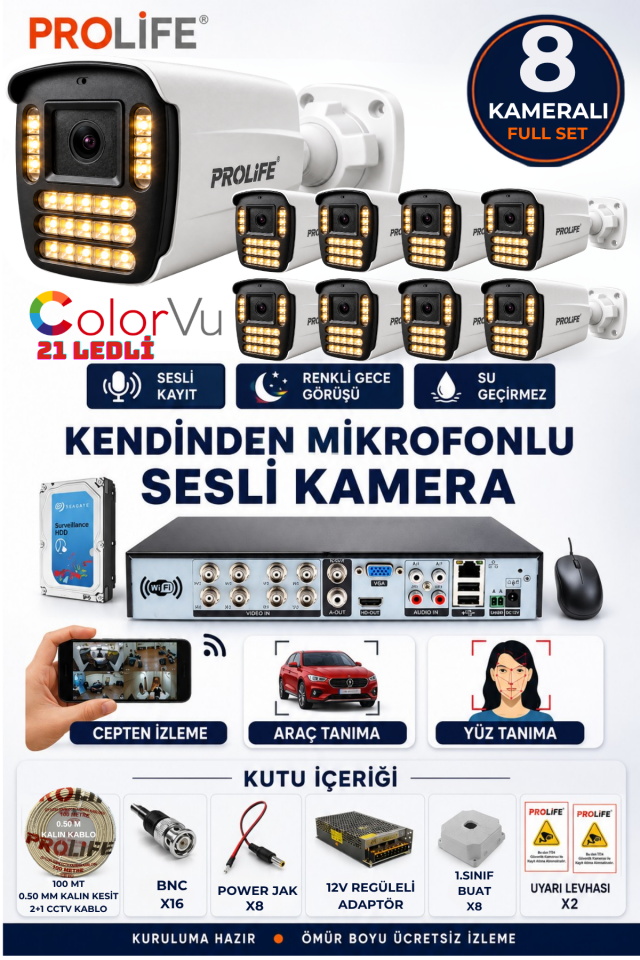 8 Li Sesli Güvenlik Kamerası 5 Mp Gece Renkli Yüz Ve Araç Tanımalı Full Hd Kamera Sistemi