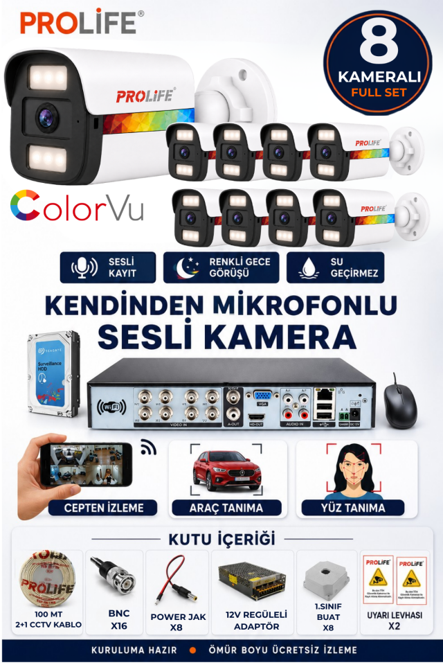 8 Li Sesli Güvenlik Kamerası 5 Mp Gece Renkli Yüz Ve Araç Tanımalı Full Hd Kamera Sistemi