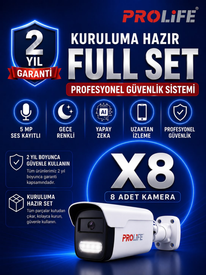 8 Li Sesli Güvenlik Kamerası 5 Mp Gece Renkli Yüz Ve Araç Tanımalı Full Hd Kamera Sistemi