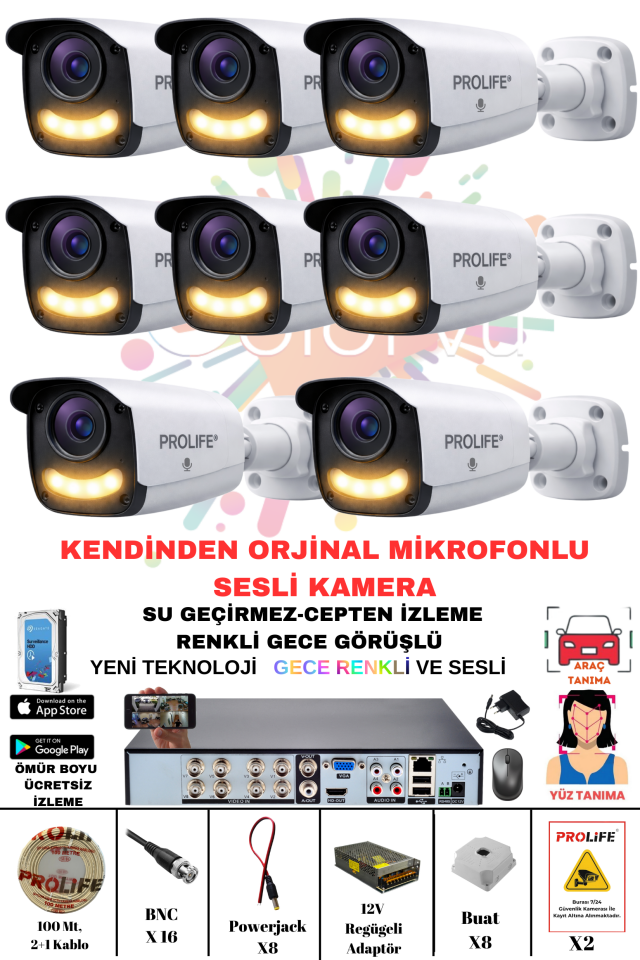 8 Li Sesli Güvenlik Kamerası 5 Mp Gece Renkli Yüz Ve Araç Tanımalı Full Hd Kamera Sistemi