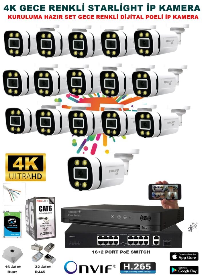 16 Kameralı Sesli 4k 1440p Full Hd Poeli Ip Kamera Gece Renkli Ultra Hd Çözünürlük Kamera Sistemi