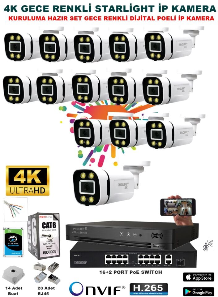 14 Kameralı Sesli 4k 1440p Full Hd Poeli Ip Kamera Gece Renkli Ultra Hd Çözünürlük Kamera Sistemi