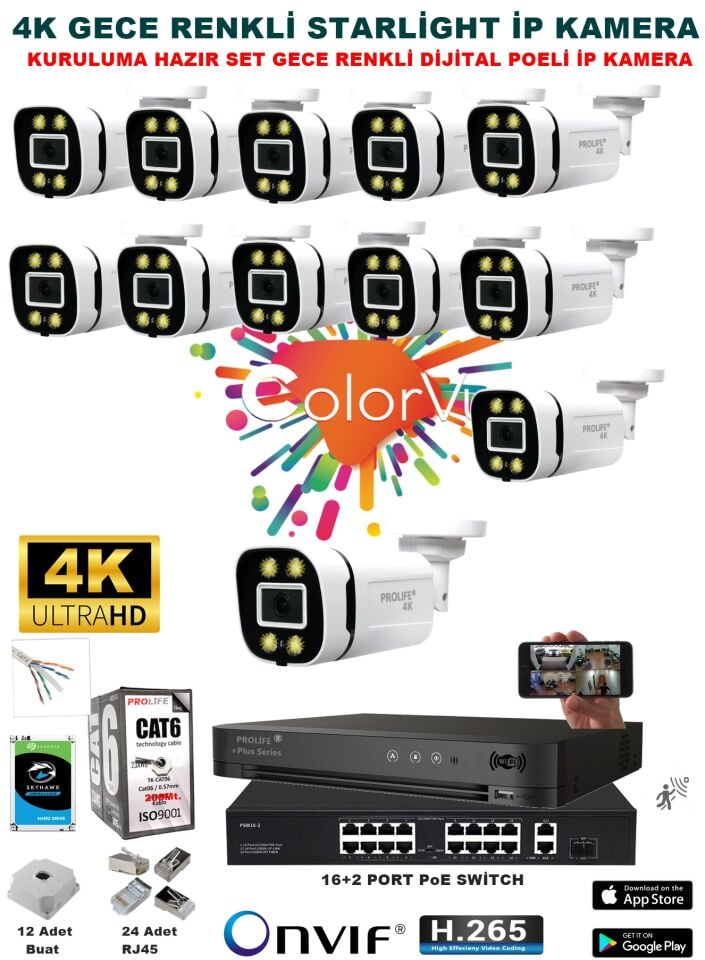 12 Kameralı Sesli 4k 1440p Full Hd Poeli Ip Kamera Gece Renkli Ultra Hd Çözünürlük Kamera Sistemi