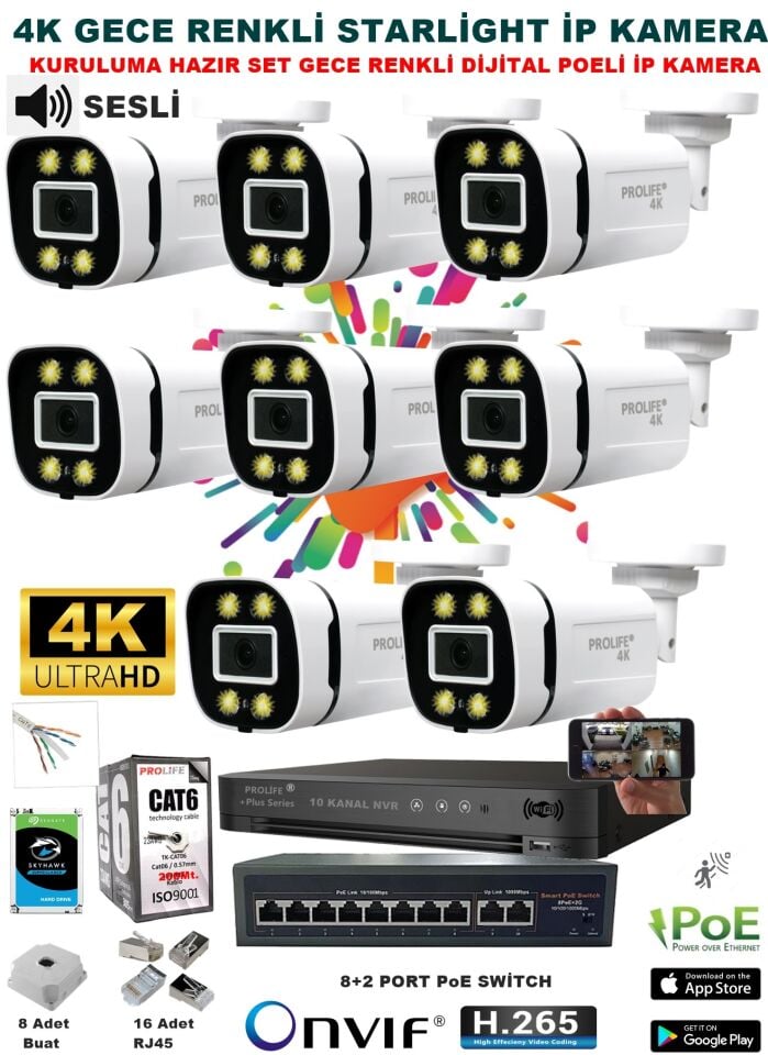 8 Kameralı Sesli 4k 1440p Full Hd Poeli Ip Kamera Gece Renkli Ultra Hd Çözünürlük Kamera Sistemi