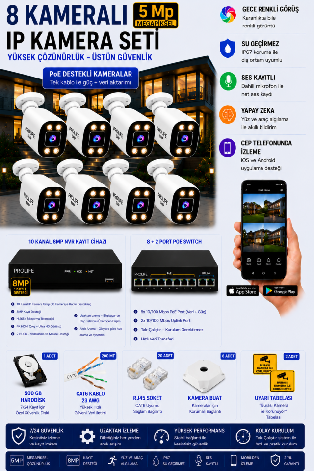 8 Kameralı 5 MP IP Kamera Seti Gece Renkli Ses Kayıtlı Yapay Zeka Destekli Tak-Çalıştır Sistem