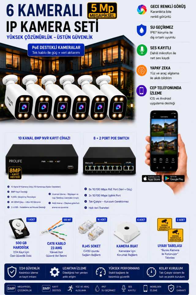 6 Kameralı 5 MP IP Kamera Seti Gece Renkli Ses Kayıtlı Yapay Zeka Destekli Tak-Çalıştır Sistem