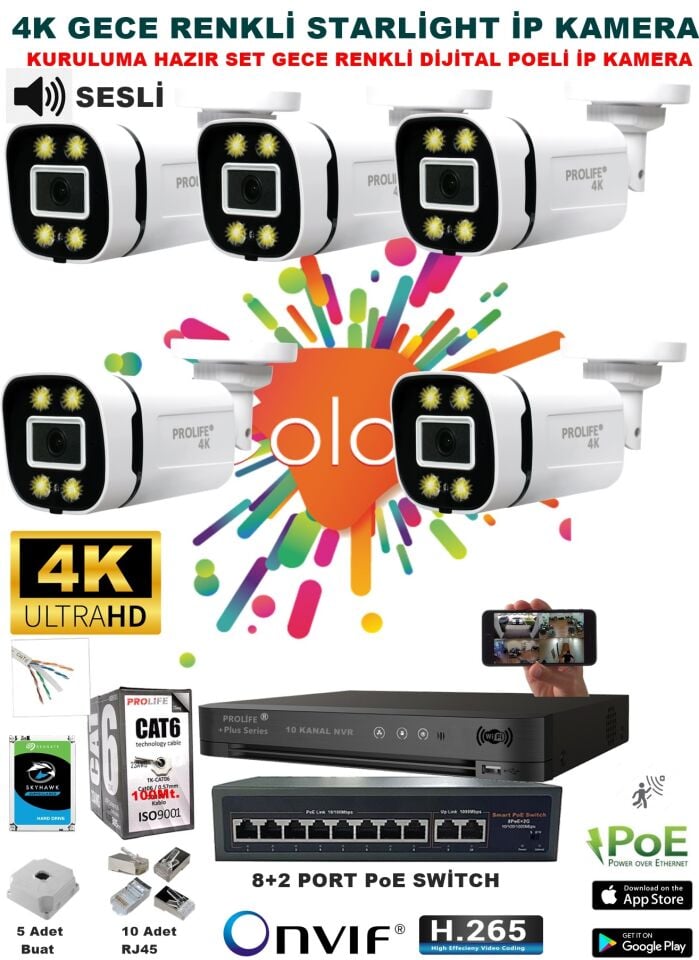 5 Kameralı Sesli 4k 1440p Full Hd Poeli Ip Kamera Gece Renkli Ultra Hd Çözünürlük Kamera Sistemi