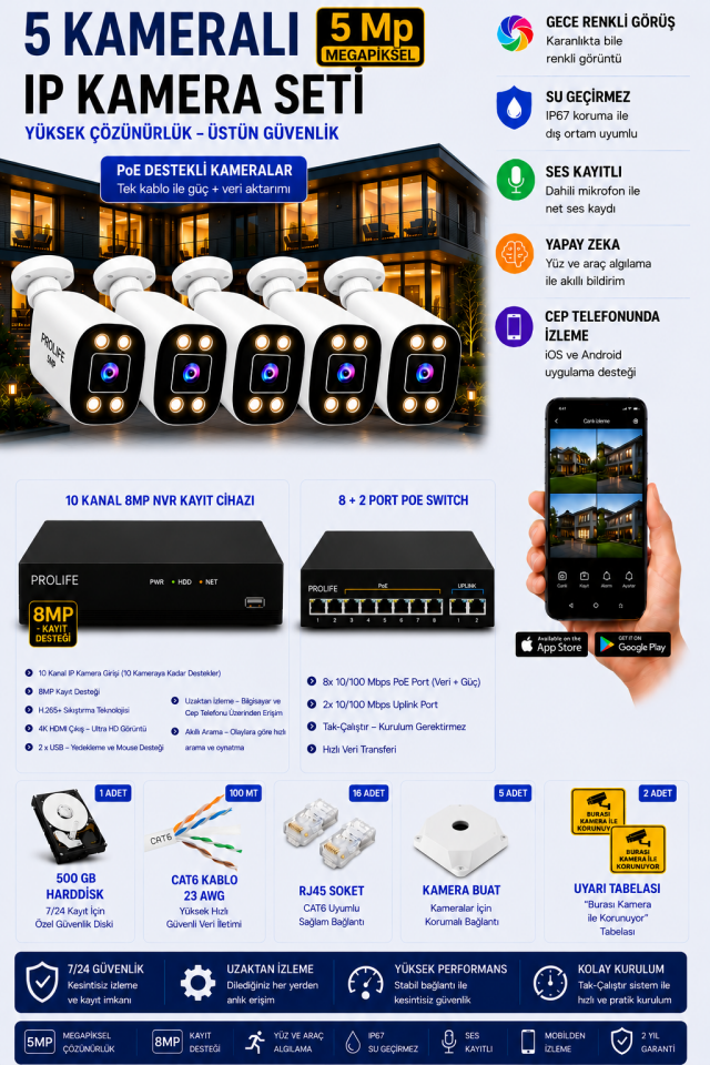 5 Kameralı 5 MP IP Kamera Seti Gece Renkli Ses Kayıtlı Yapay Zeka Destekli Tak-Çalıştır Sistem