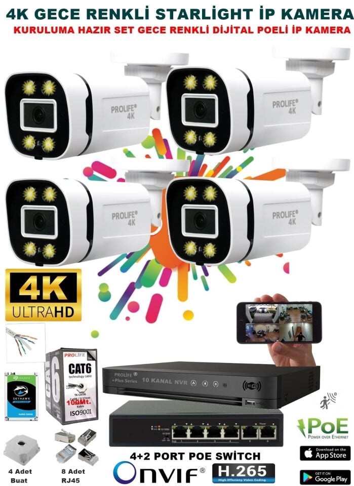 4 Kameralı Sesli 4k 1440p Full Hd Poeli Ip Kamera Gece Renkli Ultra Hd Çözünürlük Güvenlik Kamerası