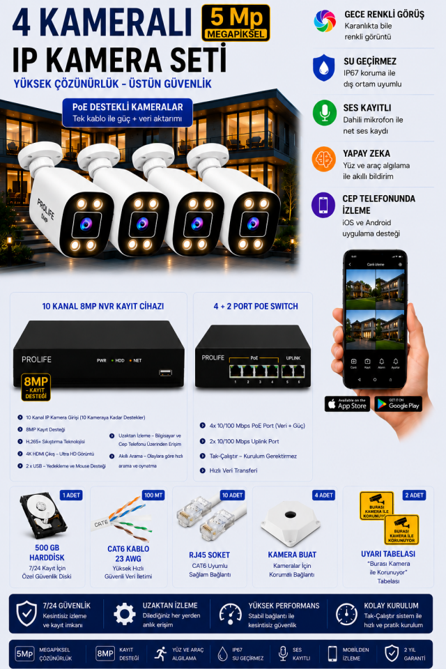 4 Kameralı 5 MP IP Kamera Seti Gece Renkli Ses Kayıtlı Yapay Zeka Destekli Tak-Çalıştır Sistem
