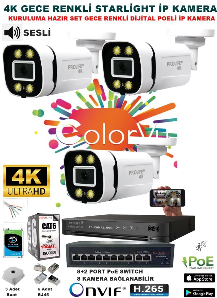 3 Kameralı Sesli 4k 1440p Full Hd Poeli Ip Kamera Gece Renkli Ultra Hd Çözünürlük Kamera Sistemi