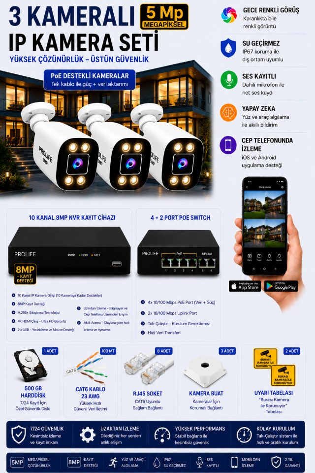 3 Kameralı 5 MP İP Kamera Seti Gece Renkli Ses Kayıtlı Yapay Zeka Destekli Tak-Çalıştır Sistem