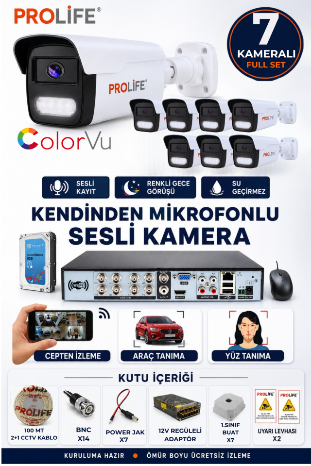 7 Li Sesli Güvenlik Kamerası 5 Mp Gece Renkli Yüz Ve Araç Tanımalı Full Hd Kamera Sistemi