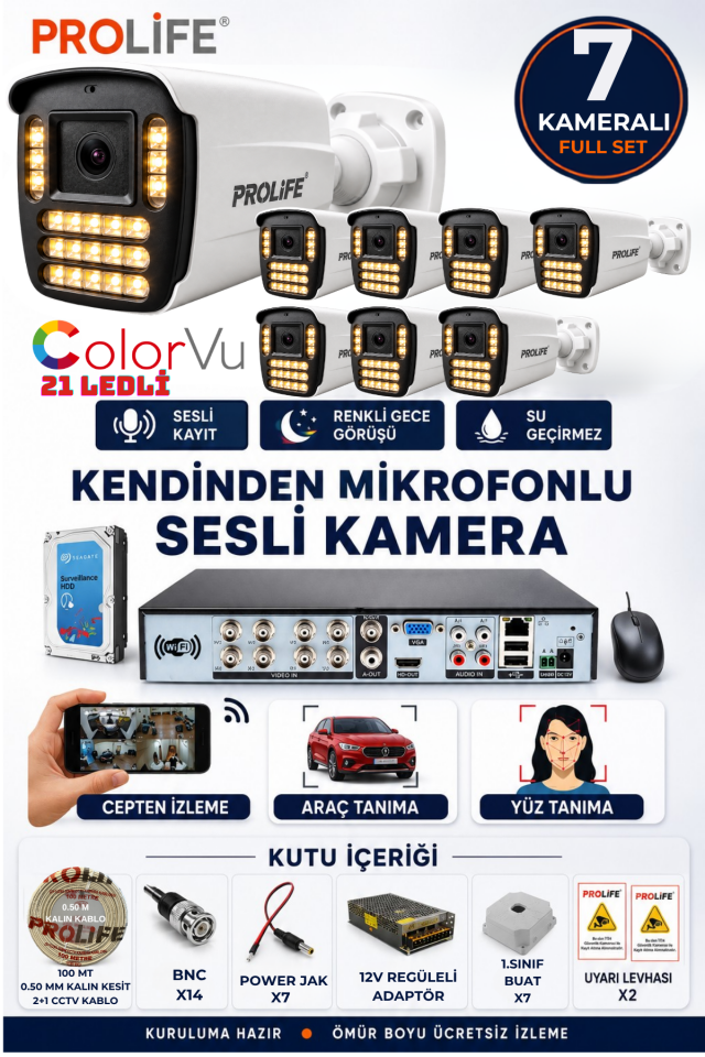 7 Li Sesli Güvenlik Kamerası 5 Mp Gece Renkli Yüz Ve Araç Tanımalı Full Hd Kamera Sistemi