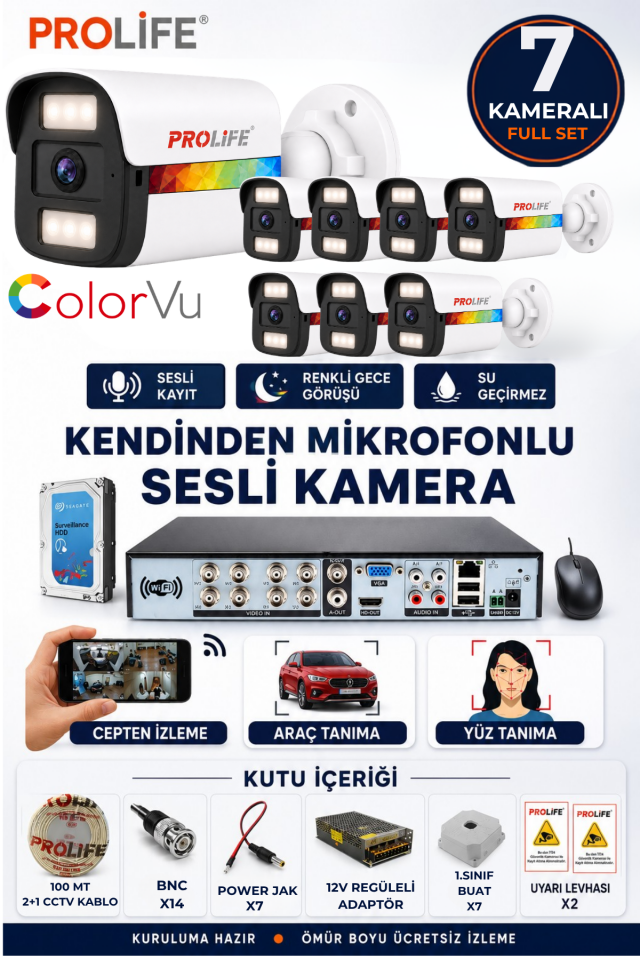 7 Li Sesli Güvenlik Kamerası 5 Mp Gece Renkli Yüz Ve Araç Tanımalı Full Hd Kamera Sistemi