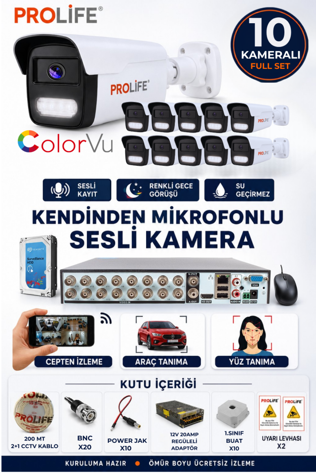 10 Lu Ses Kayıtlı Güvenlik Kamerası 5 Mp Gece Renkli Yüz Ve Araç Tanımalı Full Hd Kamera Sistemi
