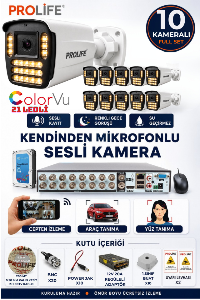 10 Lu Ses Kayıtlı Güvenlik Kamerası 5 Mp Gece Renkli Yüz Ve Araç Tanımalı Full Hd Kamera Sistemi