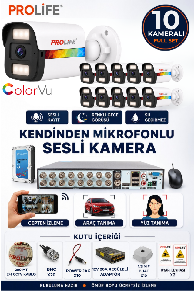 10 Lu Ses Kayıtlı Güvenlik Kamerası 5 Mp Gece Renkli Yüz Ve Araç Tanımalı Full Hd Kamera Sistemi