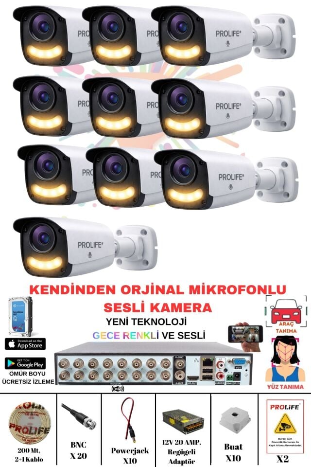 10 Lu Ses Kayıtlı Güvenlik Kamerası 5 Mp Gece Renkli Yüz Ve Araç Tanımalı Full Hd Kamera Sistemi