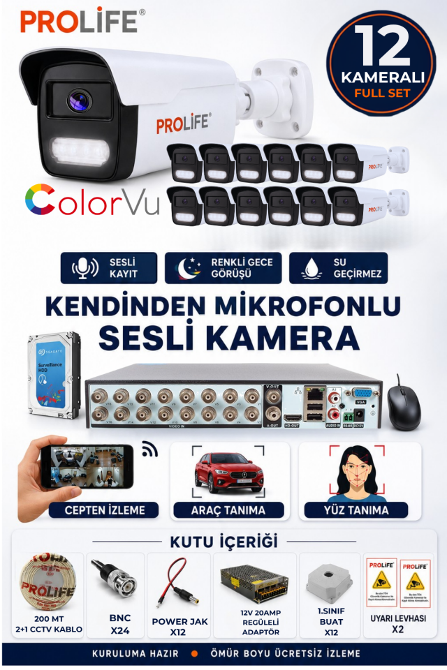 12 Li Sesli Güvenlik Kamerası 5 Mp Gece Renkli Yüz Ve Araç Tanımalı Full Hd Kamera Sistemi