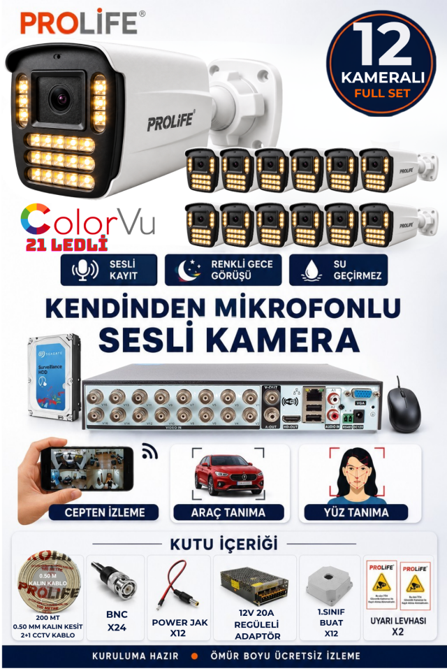 12 Li Sesli Güvenlik Kamerası 5 Mp Gece Renkli Yüz Ve Araç Tanımalı Full Hd Kamera Sistemi