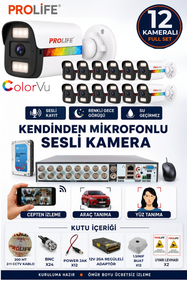 12 Li Sesli Güvenlik Kamerası 5 Mp Gece Renkli Yüz Ve Araç Tanımalı Full Hd Kamera Sistemi
