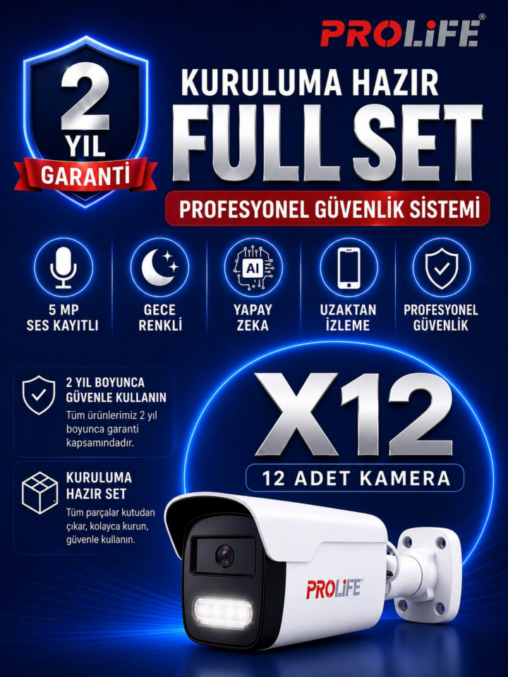 12 Li Sesli Güvenlik Kamerası 5 Mp Gece Renkli Yüz Ve Araç Tanımalı Full Hd Kamera Sistemi