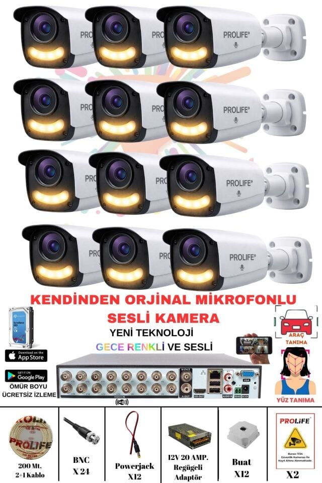 12 Li Ses Kayıtlı Güvenlik Kamerası 5 Mp Gece Renkli Yüz Ve Araç Tanımalı Full Hd Kamera Sistemi