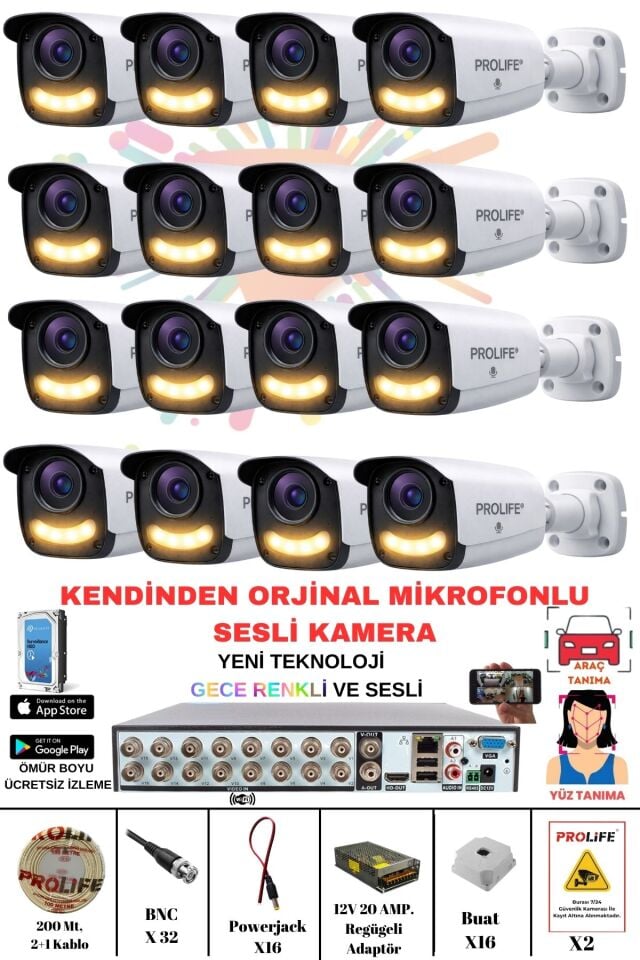 16 Lı Sesli Güvenlik Kamerası 5 Mp Gece Renkli Yüz Ve Araç Tanımalı Full Hd Kamera Sistemi