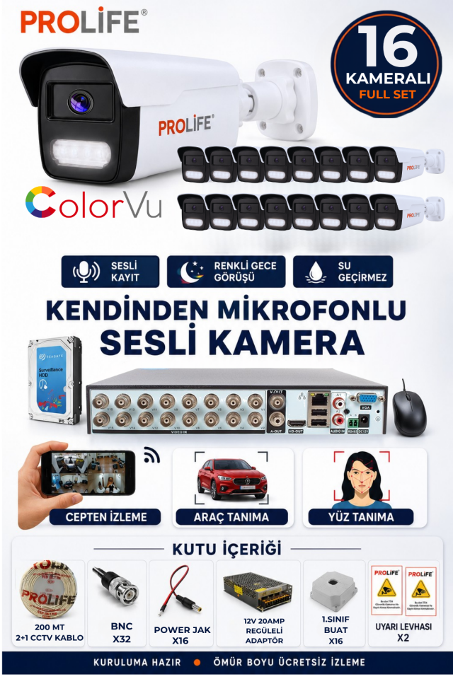 16 Lı Sesli Güvenlik Kamerası 5 Mp Gece Renkli Yüz Ve Araç Tanımalı Full Hd Kamera Sistemi