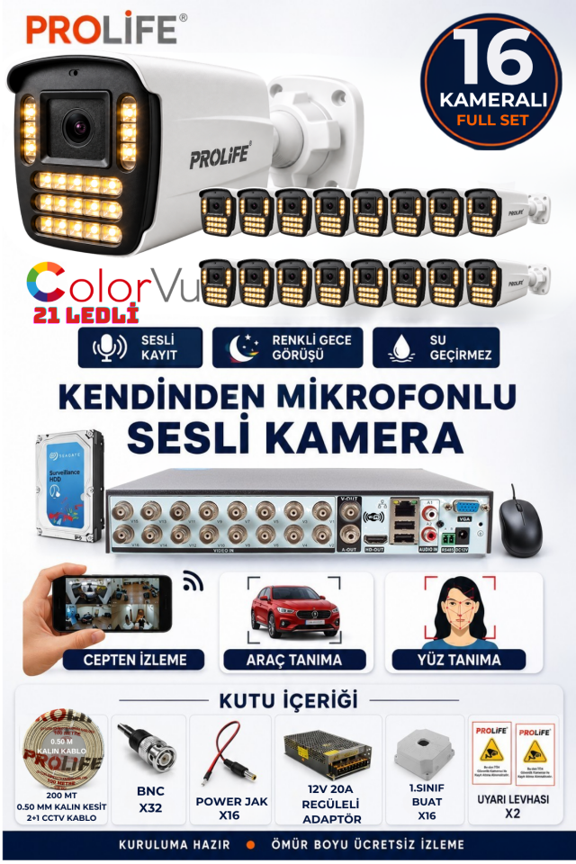 16 Lı Sesli Güvenlik Kamerası 5 Mp Gece Renkli Yüz Ve Araç Tanımalı Full Hd Kamera Sistemi