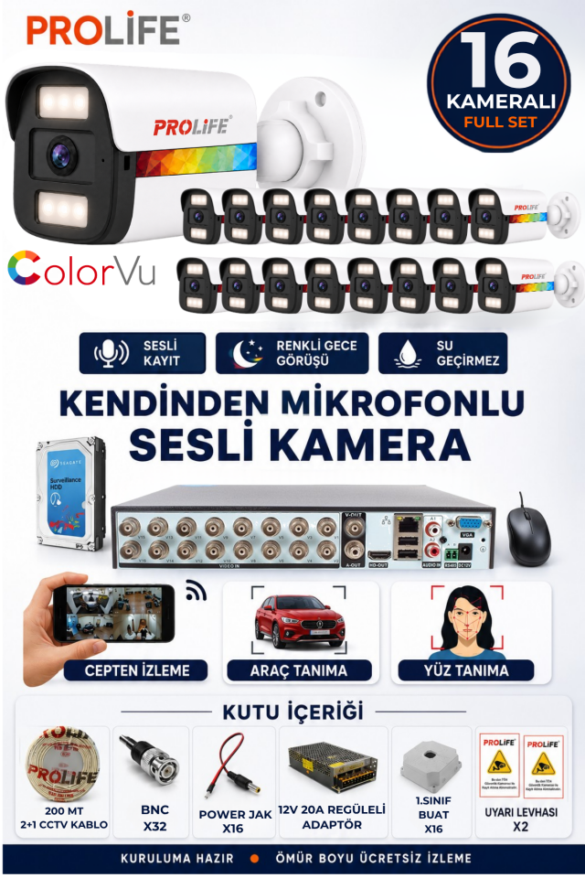 16 Lı Sesli Güvenlik Kamerası 5 Mp Gece Renkli Yüz Ve Araç Tanımalı Full Hd Kamera Sistemi