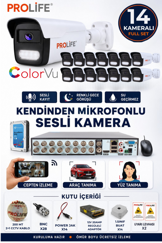 14 Lü Sesli Güvenlik Kamerası 5 Mp Gece Renkli Yüz Ve Araç Tanımalı Full Hd Kamera Sistemi