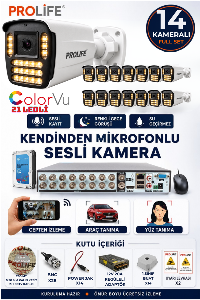 14 Lü Sesli Güvenlik Kamerası 5 Mp Gece Renkli Yüz Ve Araç Tanımalı Full Hd Kamera Sistemi
