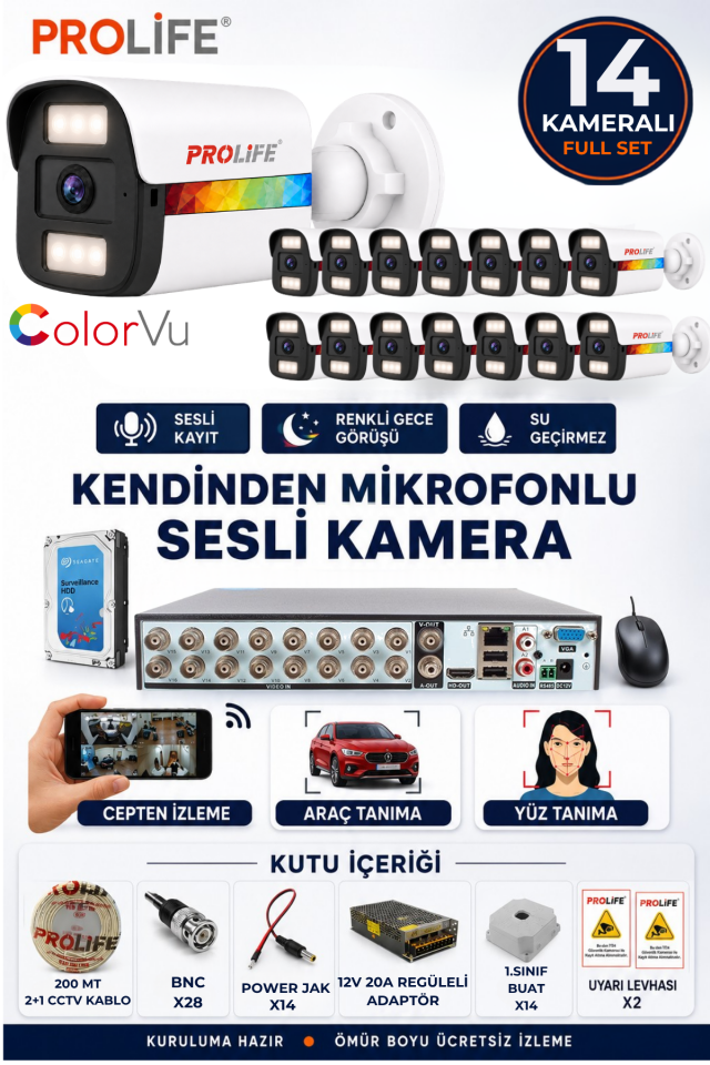 14 Lü Sesli Güvenlik Kamerası 5 Mp Gece Renkli Yüz Ve Araç Tanımalı Full Hd Kamera Sistemi