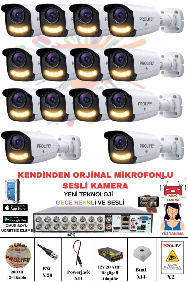 14 Lü Sesli Güvenlik Kamerası 5 Mp Gece Renkli Yüz Ve Araç Tanımalı Full Hd Kamera Sistemi