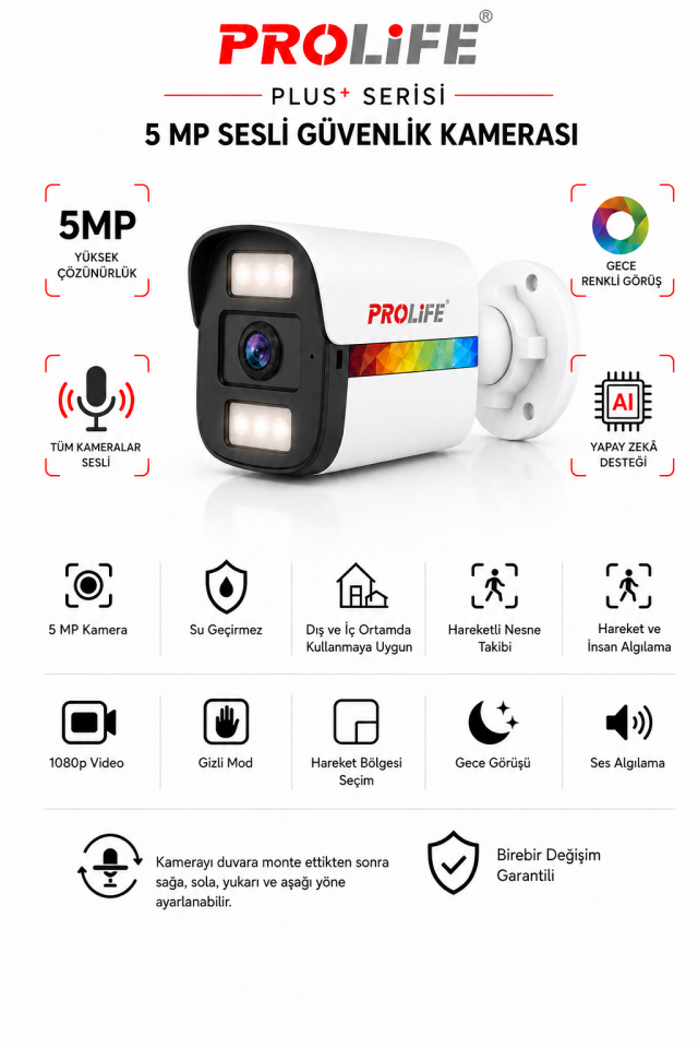 PROLİFE Full HD Warm Led Ses Kayıtlı AHD TVI Güvenlik Kamerası Gece Renkli Görüşlü 2 Yıl Garantili
